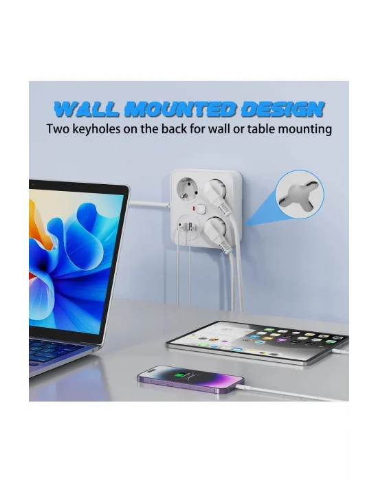 Akım Korumalı Anahtarlı Priz - 3x Priz - 2x Usb - 2x Type-c - 2 Mt Kablo Hızlı Şarj Özellikli Siyah