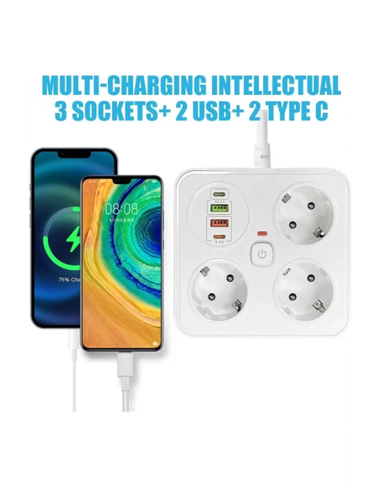 Akım Korumalı Anahtarlı Priz - 3x Priz - 2x Usb - 2x Type-c - 2 Mt Kablo Hızlı Şarj Özellikli Siyah