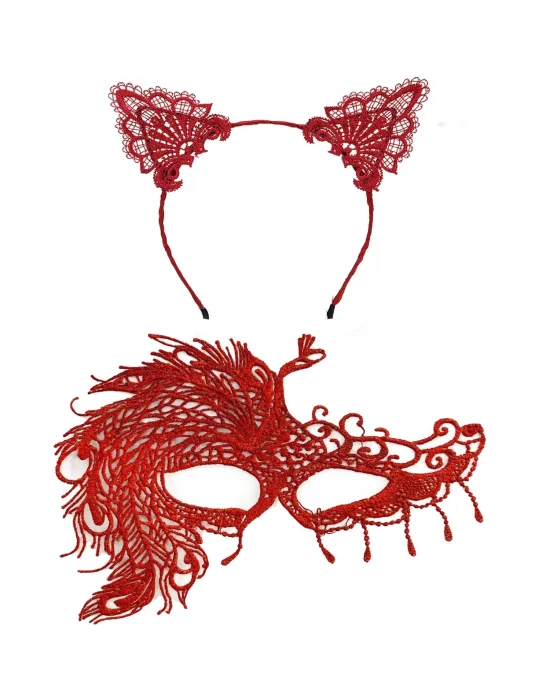 Alevin Zarafeti Kırmızı Dantel Maske Ve Taç Seti 4 No – Kadın Kostüm Tamamlayıcı