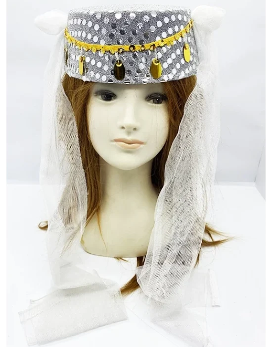Beyaz Duvaklı Altın Pul İşlemeli Kına Fesi Kına Şapkası Oryantal Şapkası