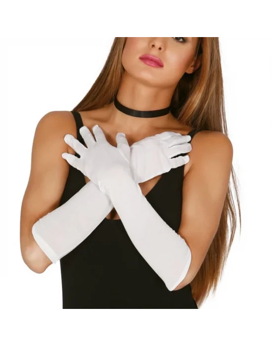 Beyaz Renk Dirseğe Kadar Uzun Kumaş Eldiven 40 Cm