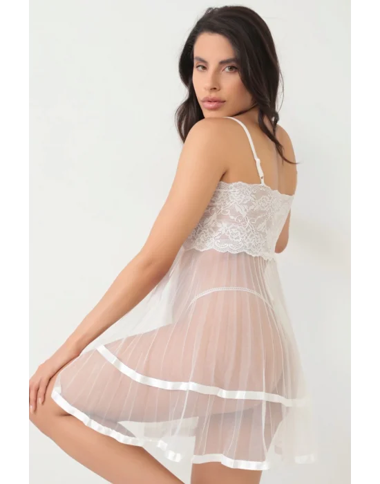 Beyaz Şifon Pileli Gecelik-835