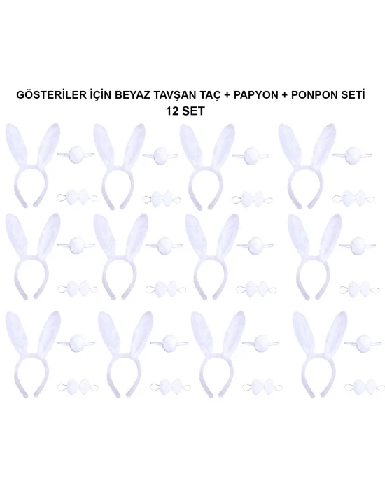 Beyaz Tavşan Kostüm Seti – Taç, Papyon, Kuyruk (12’li Paket)