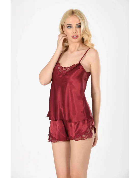 Bordo Saten Babydoll Şortlu Takım - 281