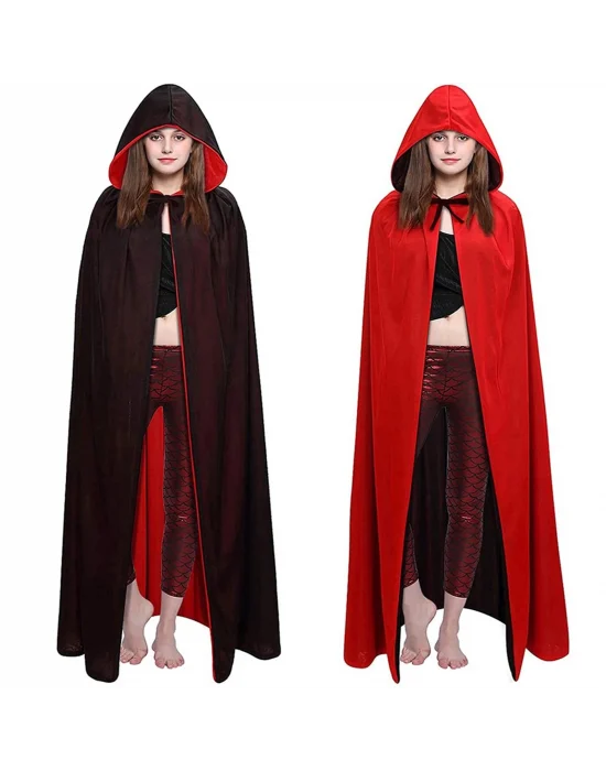 Çift Taraflı Kullanılabilir Siyah Kırmızı Kapişonlu Pelerin 140 Cm Yetişkin