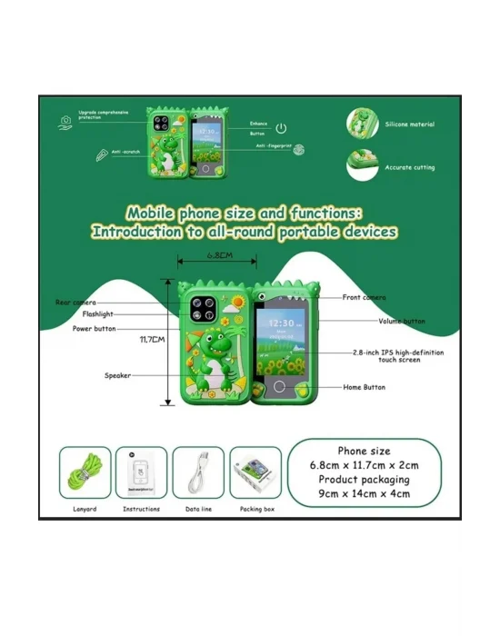 Çocuklar İçin Eğitici Telefon Dokunmatik Ekran Çift Kameralı Fenerli Müzik Çalar Oyun Video Mor