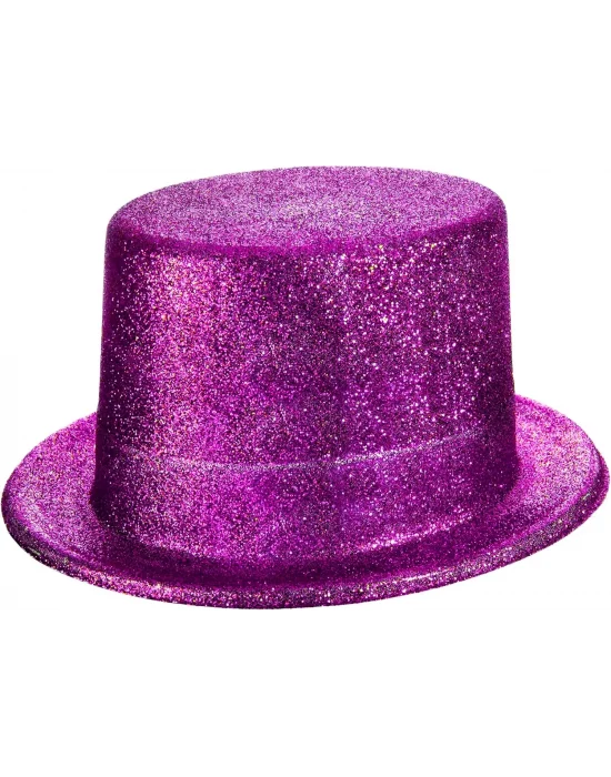 Fuşya Pembe Renk Parıltılı Simli Fötr Silindir Parti Şapkası