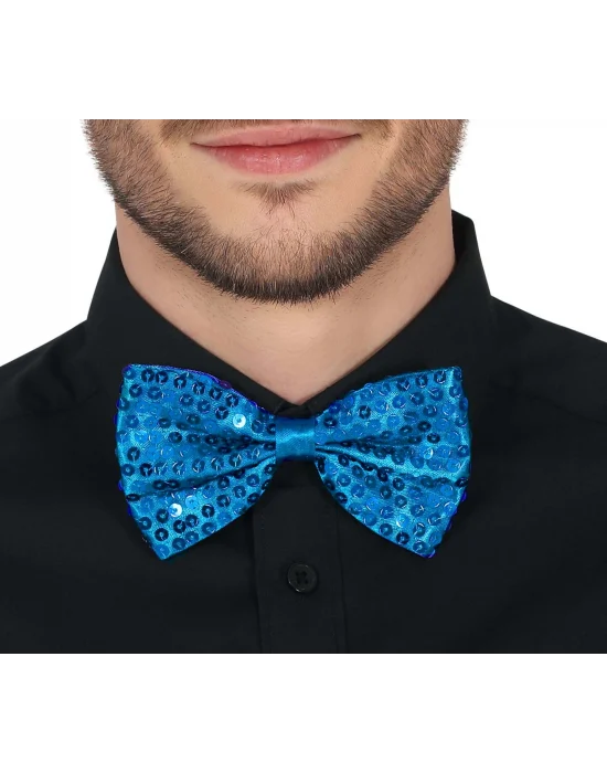 Gece Işıltısı Açık Mavi Turkuaz Payetli Pullu Papyon 7x2 Cm