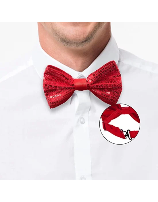 Gece Işıltısı Kırmızı Payetli Pullu Papyon 7x2 Cm