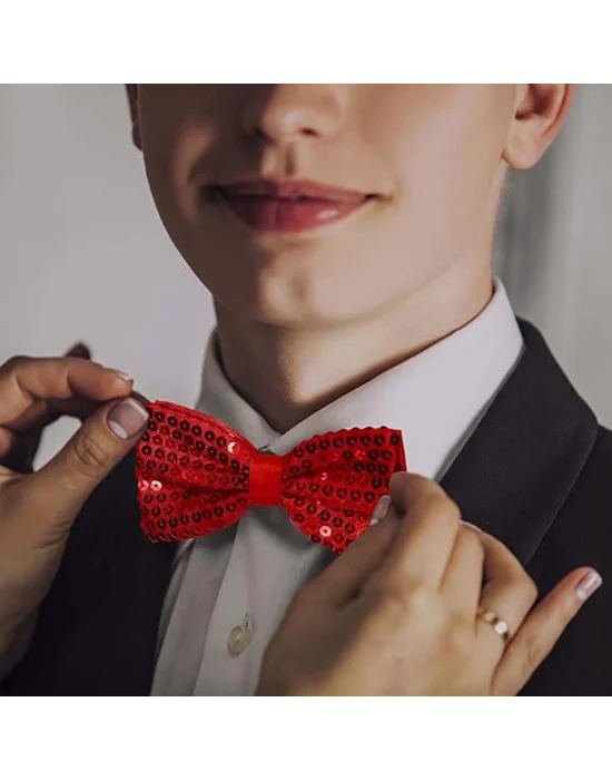 Gece Işıltısı Kırmızı Payetli Pullu Papyon 7x2 Cm