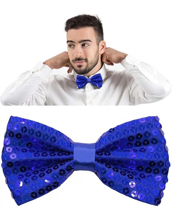 Gece Işıltısı Mavi Payetli Pullu Papyon 7x2 Cm