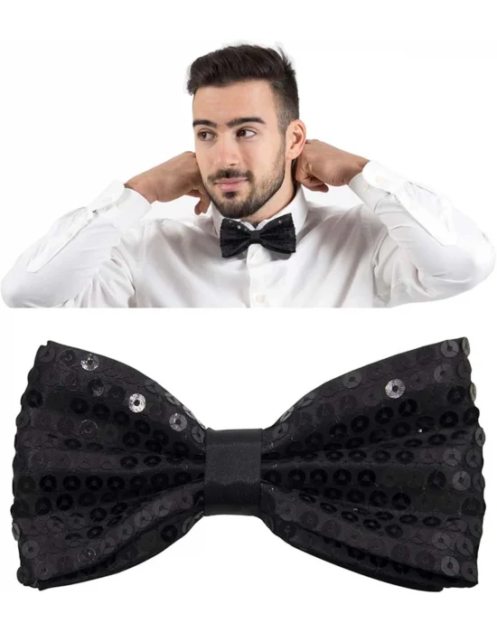 Gece Işıltısı Siyah Payetli Pullu Papyon 7x2 Cm