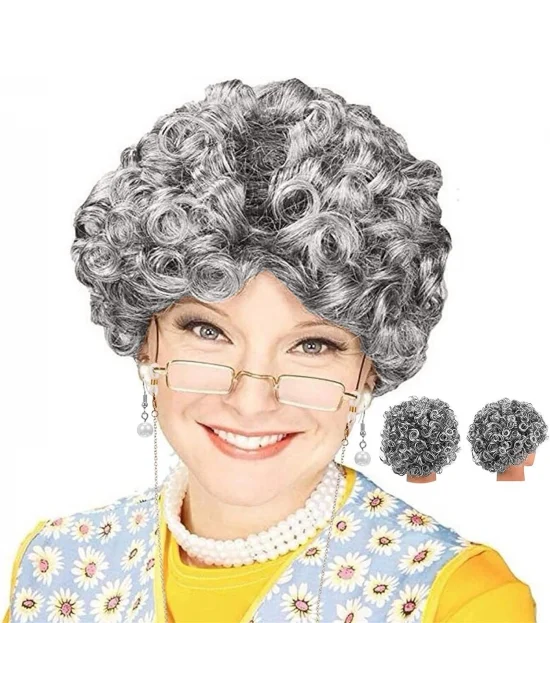 Gri Renk Kıvırcık Yaşlı Peruk Büyükanne Peruğu Astarlı Bonus