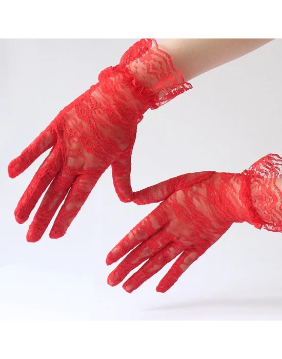 Güpürlü Bilek Boyu Kırmızı Dantel Eldiven Yetişkin