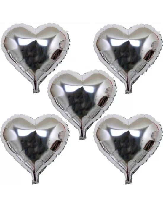 Kalp Şekilli Gümüş Renk Folyo Balon 45 Cm 5 Adet