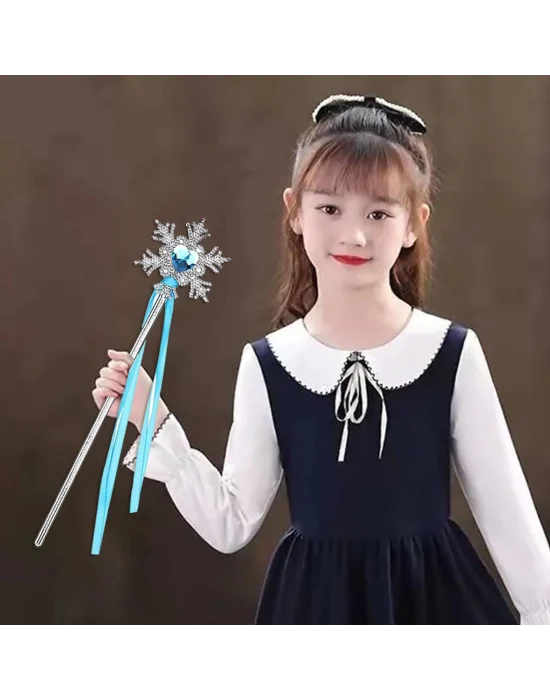 Kar Taneli Mavi Kalp Taşlı Saten Kurdeleli Karlar Ülkesi Elsa Asası Sopası 34 Cm