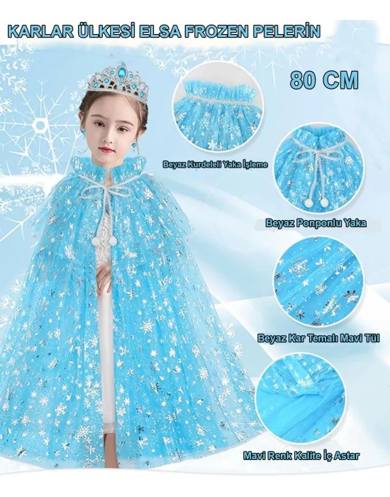Karlar Ülkesi Elsa Frozen Mavi Pelerin – 80 Cm Kar Desenli Çocuk Pelerini ( Taç Hariç )