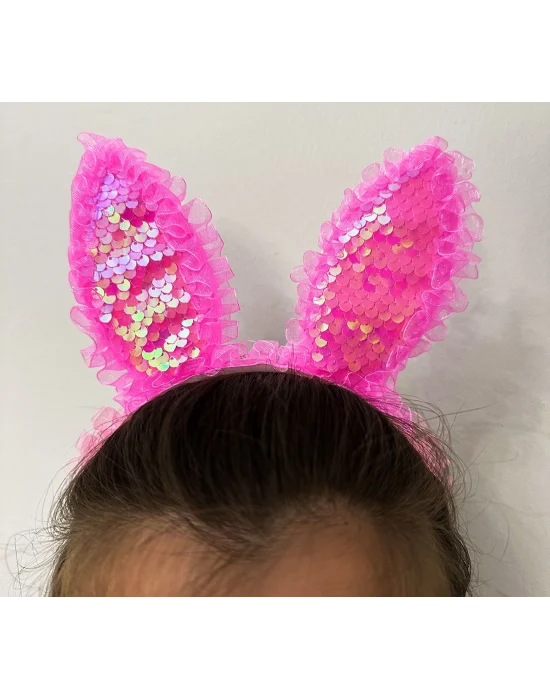 Kenarları Dantelli Fuşya Pullu Payetli Led Işıklı Tavşan Kulak Taç 23x19 Cm