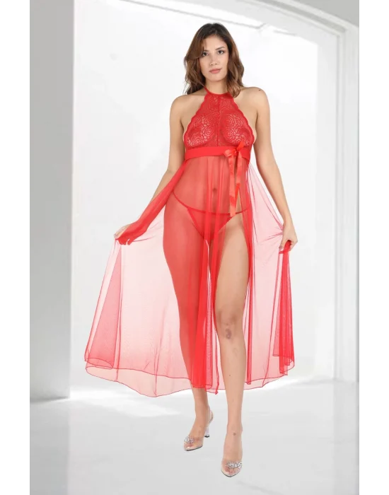 Kırmızı Dantelli Tül Gecelik - M057