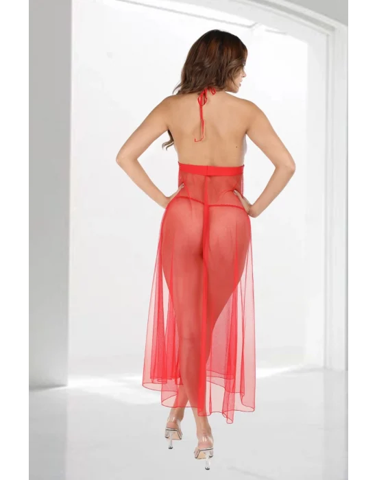 Kırmızı Dantelli Tül Gecelik - M057