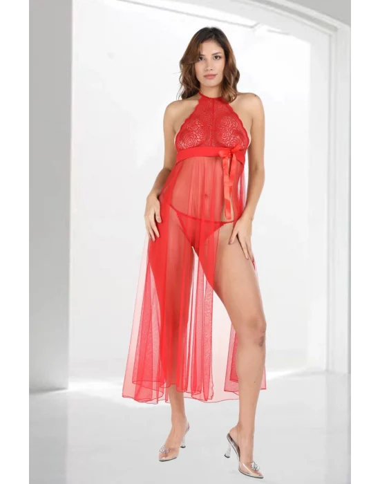 Kırmızı Dantelli Tül Gecelik - M057