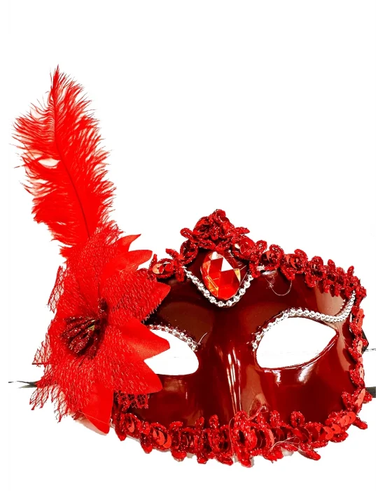 Kırmızı Mat Renk Yandan Tüylü Güllü Parti Balo Venedik Maskesi 16x22