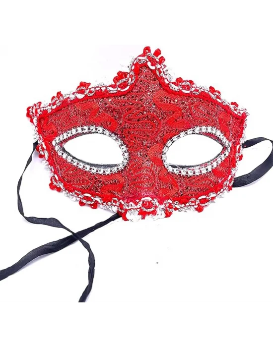 Kırmızı Renk Gözler Kristal Taşlı Dantelli Parti Maskesi 11x17 Cm