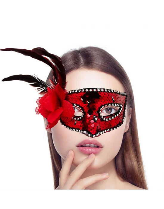 Kırmızı Renk Yandan Tüylü Güllü Gümüş Taşlı Pullu Maske 20x22 Cm