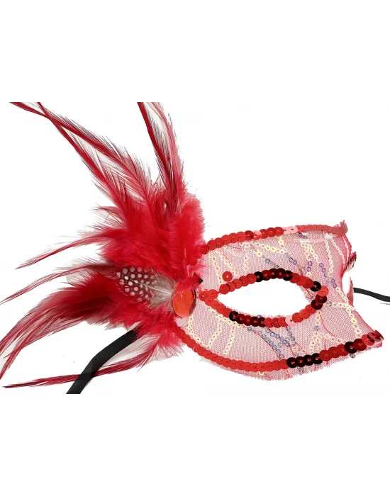 Kırmızı Renk Yandan Tüylü Pul Payet İşlemeli Parti Maskesi 23x12 Cm