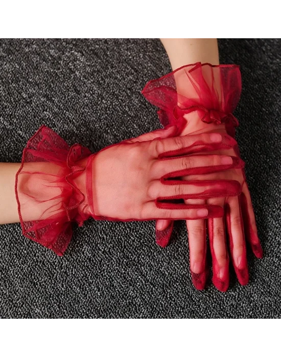Kısa Boy Likralı Güpürlü Yetişkin Tül Eldiven Kırmızı Renk