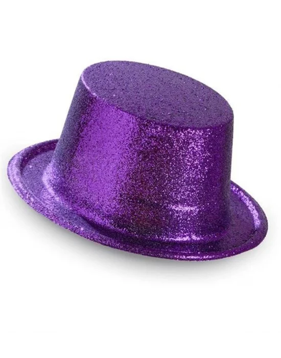 Koyu Mor Renk Violet Parıltılı Simli Fötr Silindir Parti Şapkası