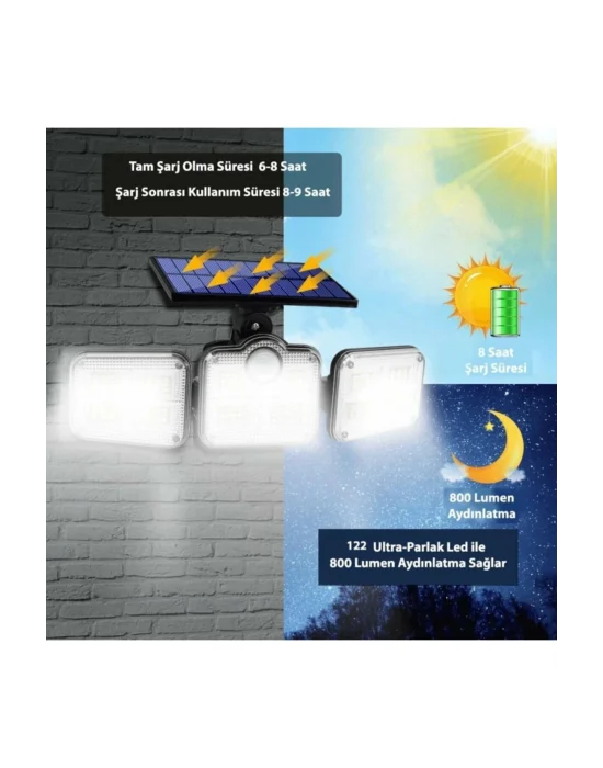 Kumandalı Solar Güneş Enerjili 122 Ledli Hareket Sensörlü Bahçe Aydınlatma Sokak Lambası