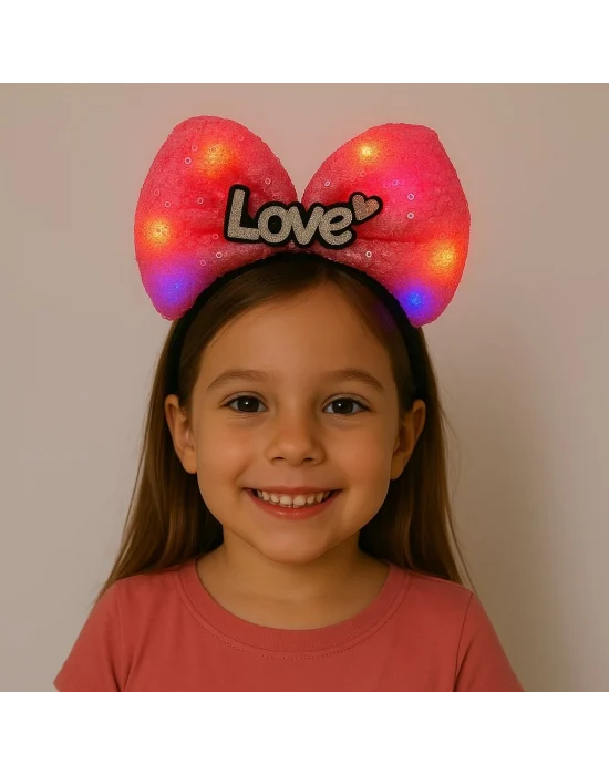 Led Işıklı Love Yazılı Fuşya Fiyonk Taç – Kız Çocuk Parti Tacı