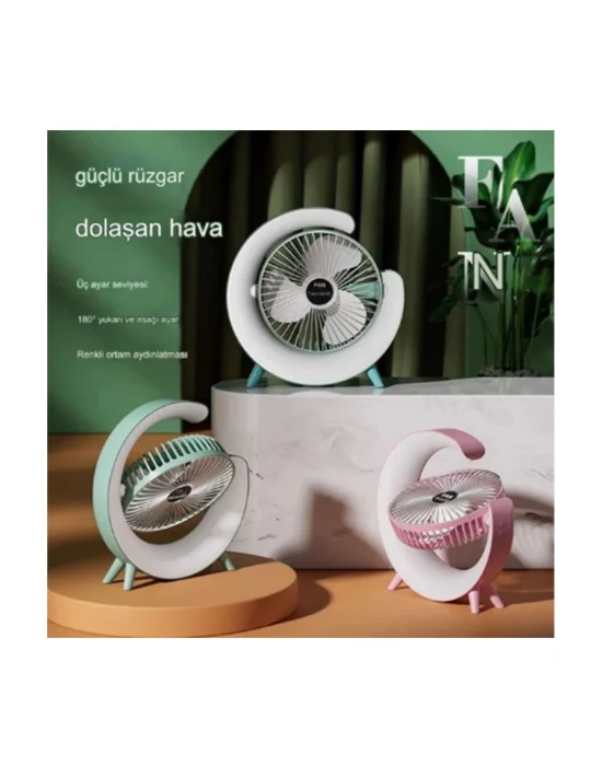 Masaüstü Vantilatör Usb Şarjlı Rgb Led Işıklı 3 Kademeli 180° Ayarlanabilir Soğutucu Fan Mavi