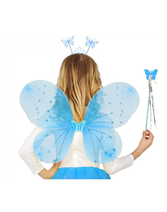 Mavi Kelebek Erkek-kız Seti – 50 Cm Kelebek Kanadı, Taç Ve Asa