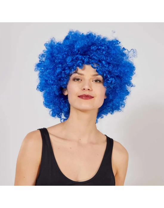 Mavi Renk Kıvırcık Afro Bonus Peruk
