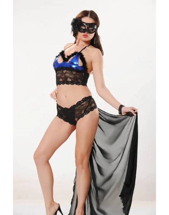 Mavi Siyah Deri ( Lame ) Dantelli Gecelik - 457