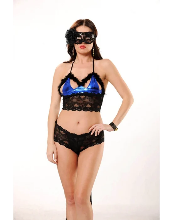 Mavi Siyah Deri ( Lame ) Dantelli Gecelik - 457