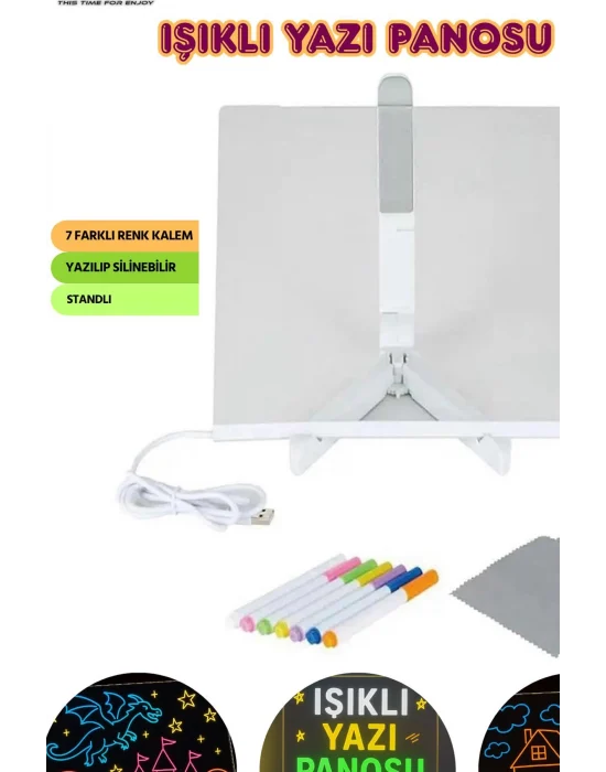 Neon Işıklı 7 Renk Işık Boyama Kalemli Led Resim Panosu Boyama Tahtası Kalemleri 20 X 20