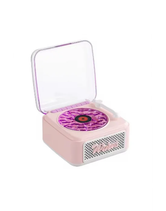 Nostalji Mini Plak Görünümlü Radyolu Bluetooth Hoparlör 3d Ses Dalgası Retro Müzik Plak Pembe