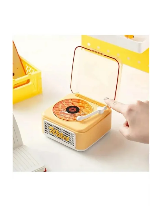 Nostalji Mini Plak Görünümlü Radyolu Bluetooth Hoparlör 3d Ses Dalgası Retro Müzik Plak Sarı