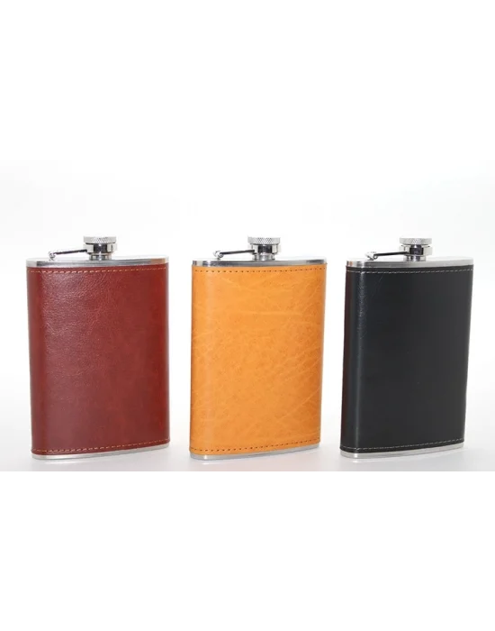 Paslanmaz Çelik Tekli 9 Oz Derili Matara  Alk2662