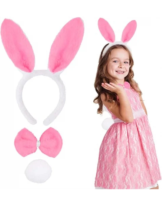 Pembe Tavşan Kostüm Seti – Taç, Papyon, Ponpon (12’li Paket)