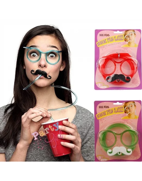 Pipetli Parti Gözlüğü - Çocuk Ve Yetişkin Bıyıklı Pipet Gözlük Pembe Renk 18x14 Cm