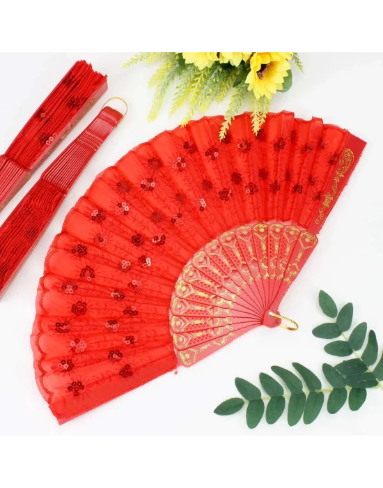 Plastik Pullu Kumaş Yelpaze 12li Kırmızı