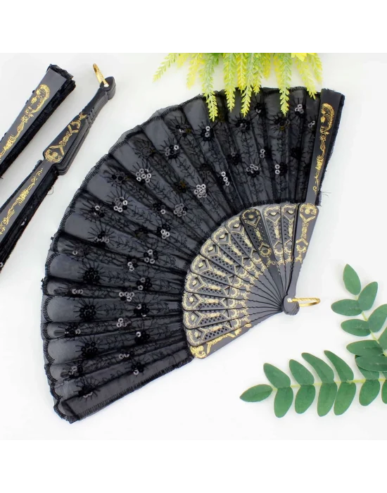 Plastik Pullu Kumaş Yelpaze 12li Siyah