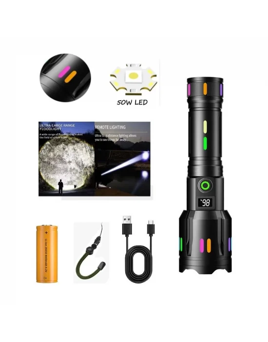 Ps-9885 Profesyonel Zoomlu 50w Şarjlı Powerbank Avcı Polis El Feneri