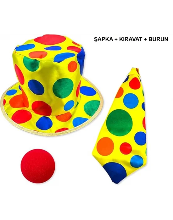 Renkli Palyaço Kostüm Seti – 3 Parça Aksesuar (şapka, Kravat, Burun)