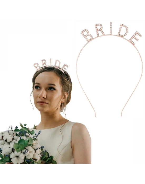 Rose Gold Renk Bekarlığa Veda Kristal Taş Bride Tacı İthal 16x10 Cm