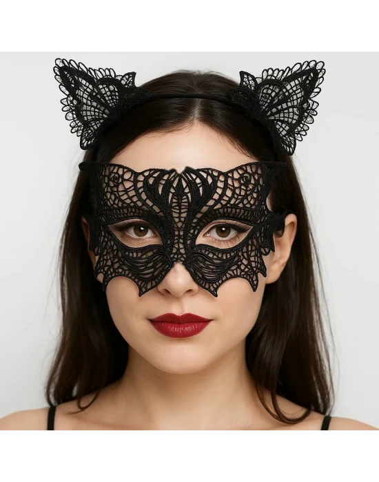 Siyah Dantel Kedi Maskesi Ve Taç Seti 8 No – Şık Ve Zarif Parti Aksesuarı